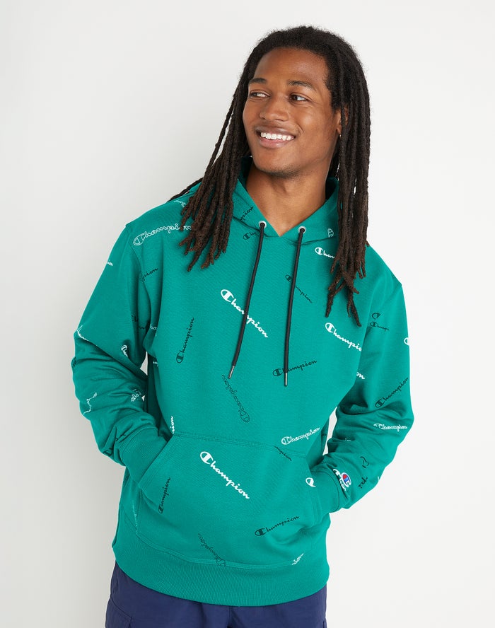 Champion Mens Hoodie NZ - Powerblend All Over Logo Green ( 8714-CSLWN )